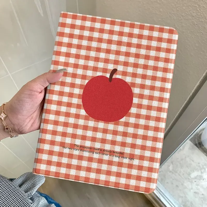 INS Cute Retro Red Grid Apples English For iPad Pro 13 11 M5 M4 M3 M2 Air 3 2 1 11th A16 12.9'' 10 9 8 5 Th Mini 7 6 5 4 Case