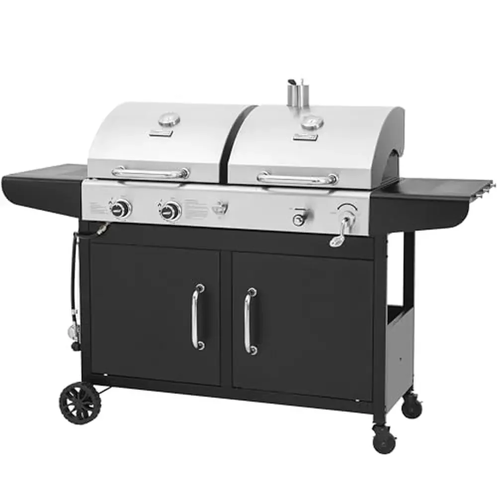 Propane Charcoal Grill Combo 2-in-1 Dual Fuel BBQ 2 Side Shelves Outdoor Patio Easy Move & Cleanup Spacious Cooking Area 30