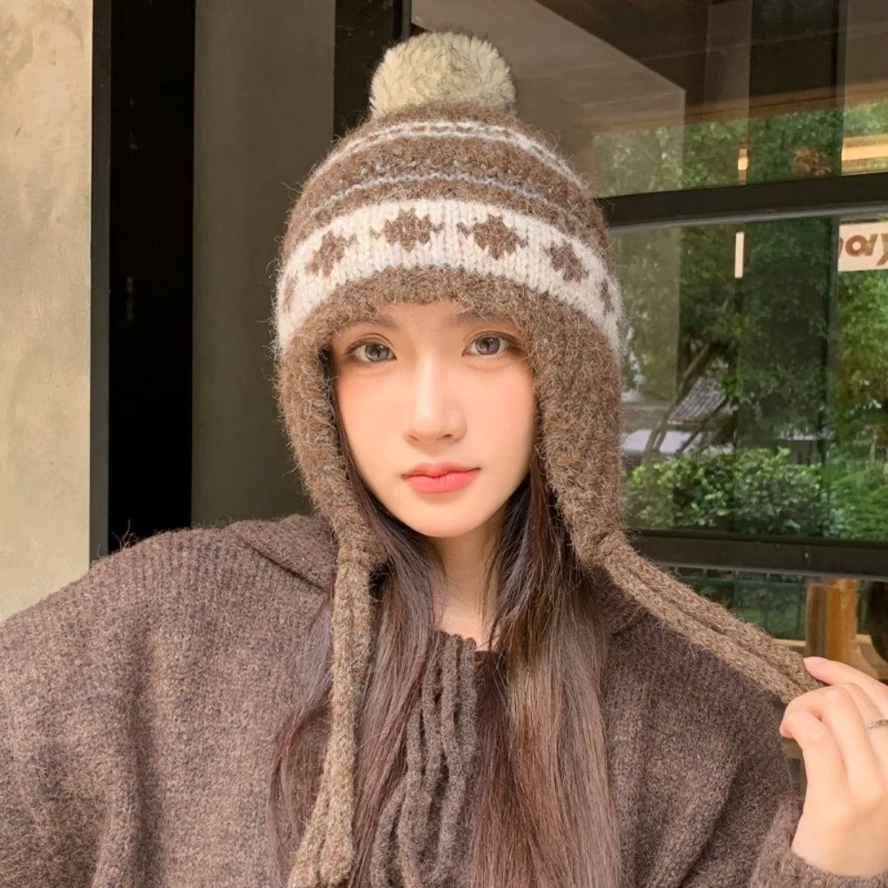 

Casual Windproof Winter Knitted Hat Foldable Warm Thickened Warm Ear Protection Hat Coldproof Korean Knitted Hat for Women Girls