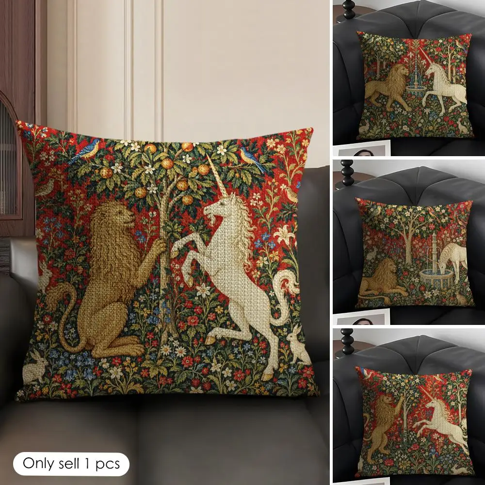 William Medieval Heraldic Unicorn Lion Cushion Cover Skin-Friendly Linen Pillow Cover Durable Hypoallergenic Washable Soft