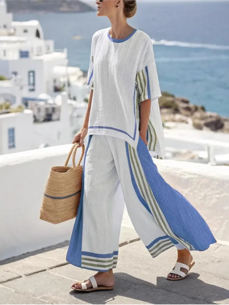 

2025 New Stripe Women Fashion Casual Set Of 2 Pieces Summer Loose Top Elegant Solid Office Holiday Trousers Suit Womens Clothing