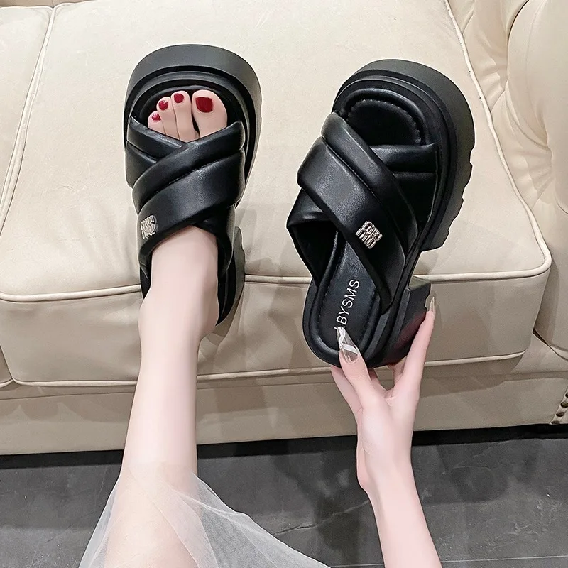 Summer Chunky Sandals Women\'s Thick Bottom Wedge Heels Slides 7.5CM High Heels Platform Leather Casual Beach Flip Flops Woman