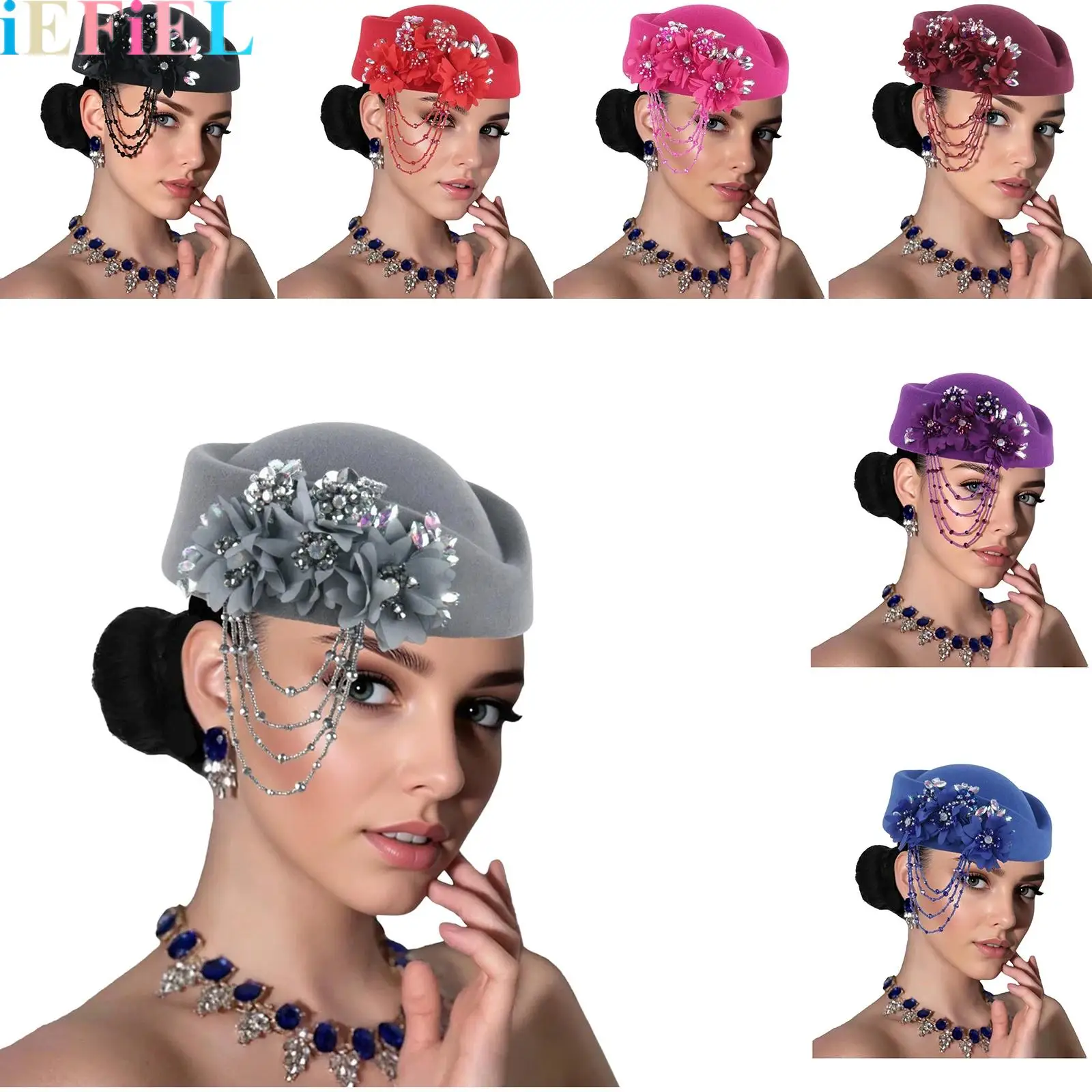 

Women Retro Beret Hats for Felt Church Derby Headdress Women Rhinestone Floral Hat Suitable for Wedding Parties Events