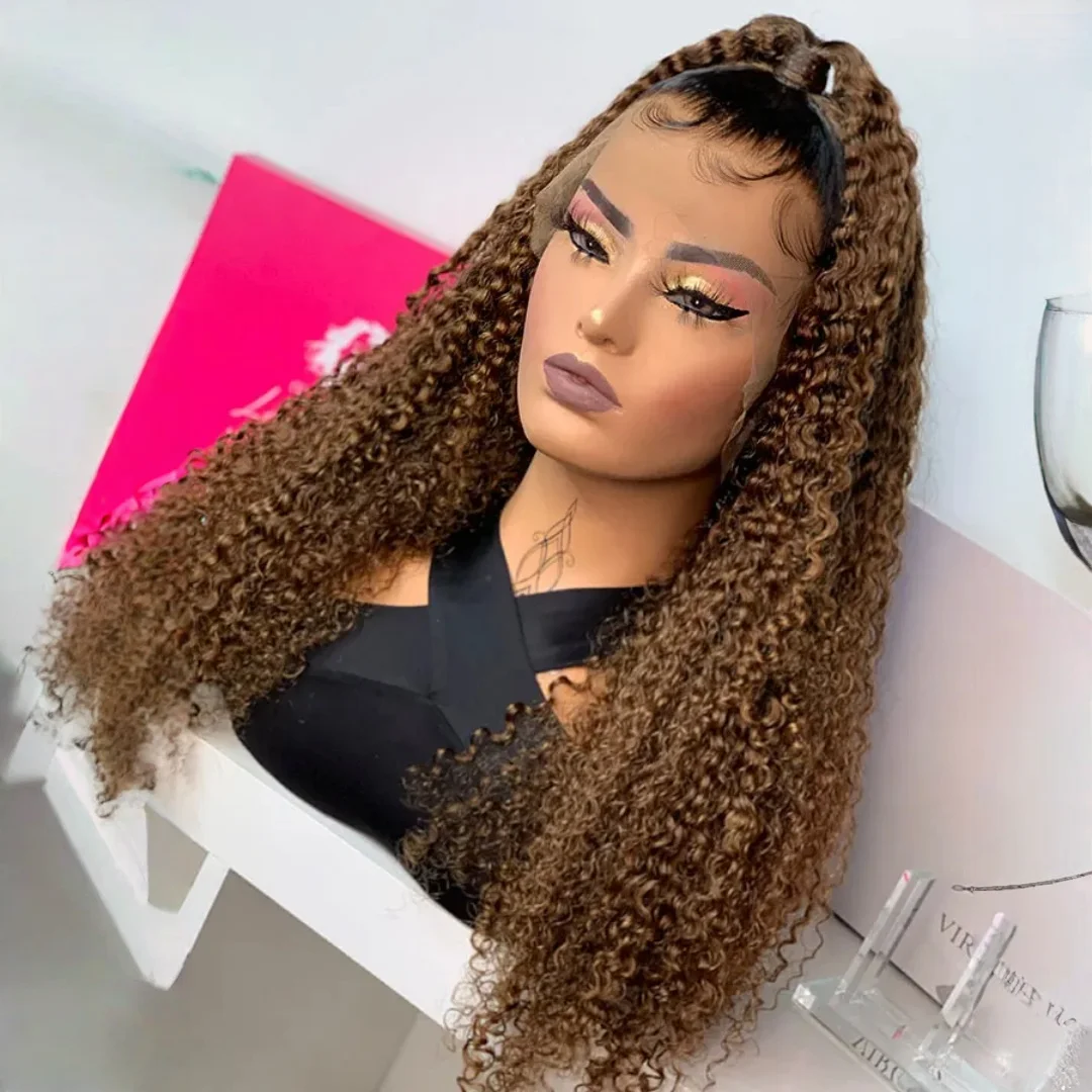 Wig Rambut Depan Lace Ombre Pirang Alami 26 Inci Lembut Panjang Kepadatan 180 untuk Wanita, Keriting Kinky dengan Baby Hair, Tekstur Bagus