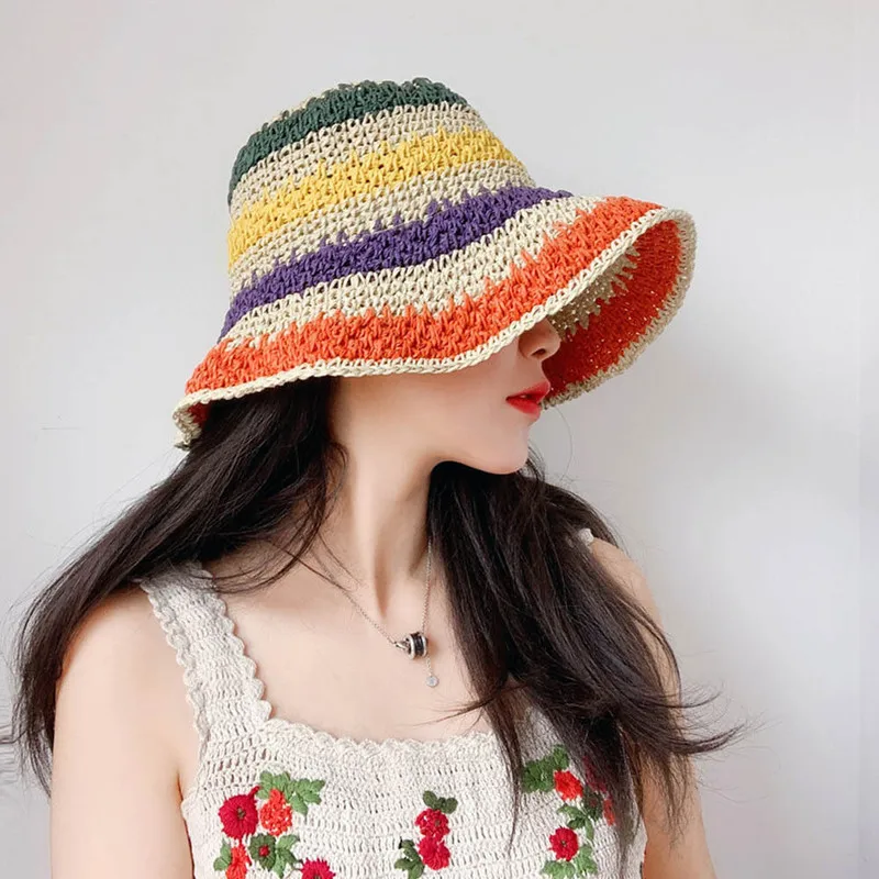 Chapeau de plage à rayures arc-en-ciel pour femme, casquette pliable au crochet, chapeau anderparent-enfant, casquette pare-soleil de plage pour