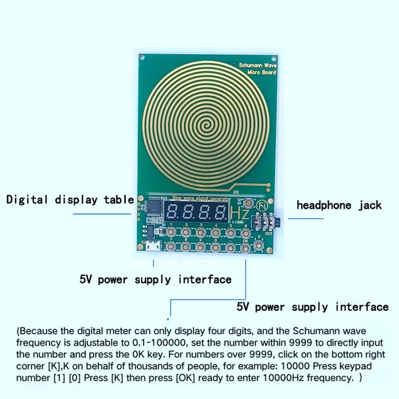 ABGI-регулируемая частота 0,01 Гц- 99999 Гц DC5V Micro-USB 7,83 Гц Генератор синусоидальной волны Шумана без корпуса