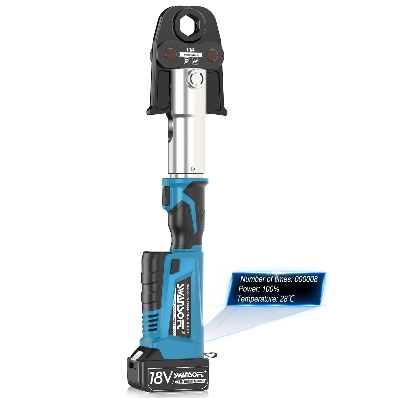 أداة تجعيد النحاس الهيدروليكية 32KN 18V 4Ah كهربائية مع 4 فكي 1/2 بوصة، 3/4 بوصة، 1 بوصة، 1-1/4 بوصة