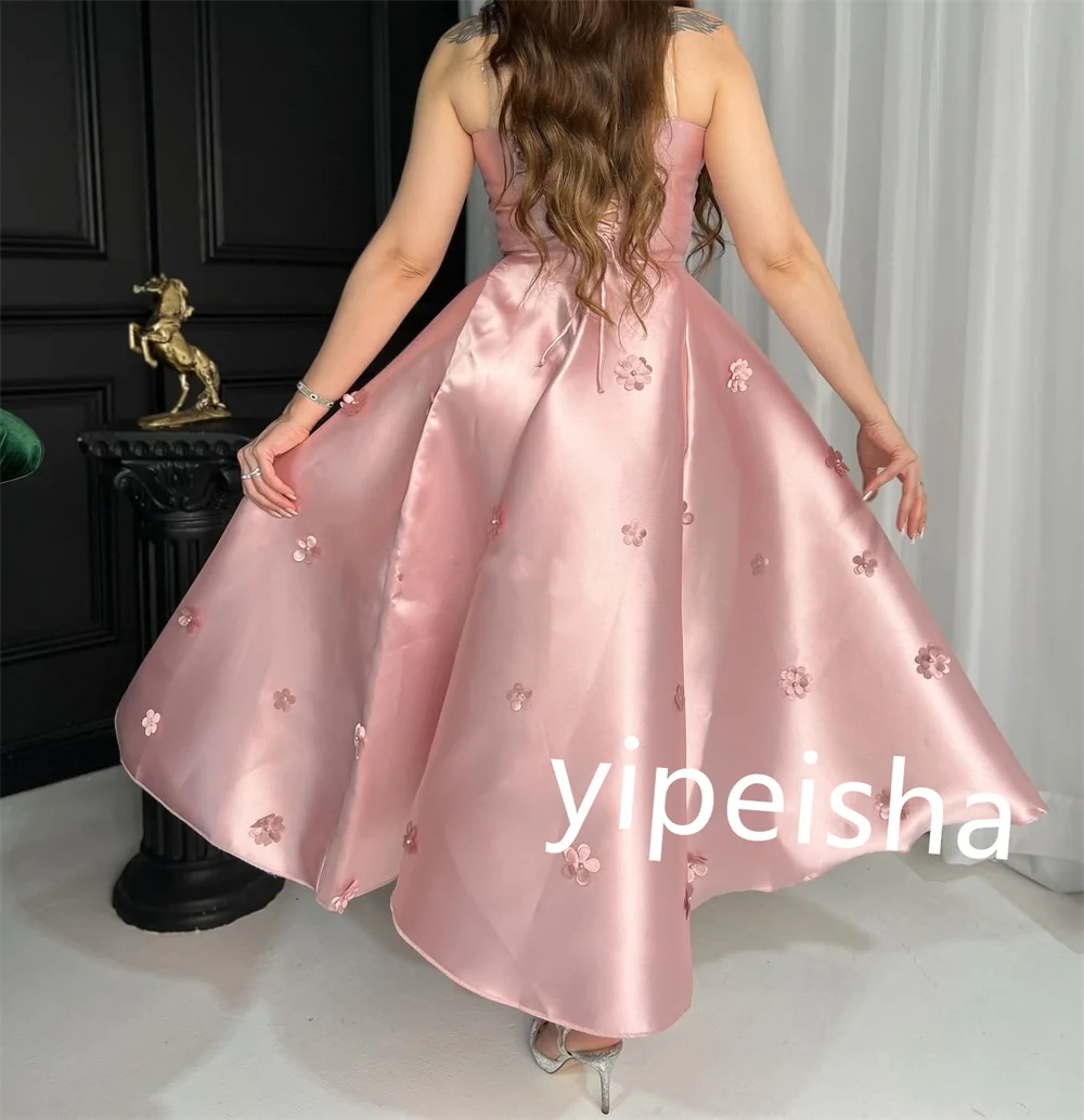 Exquisite Satin Applique Flower Ruched A-line Spaghetti Strap Strapless Midi Dresses Prom Dresses Classic Unisex Elegant