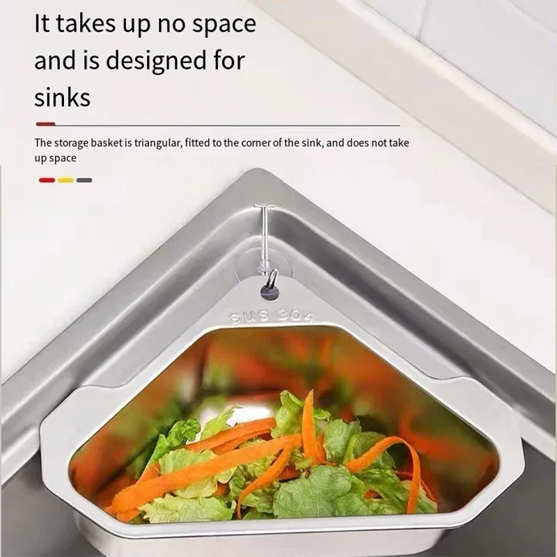 Mir de vidange triangulaire pour évier de cuisine, panier en acier inoxydable, passoires, filtre alimentaire, panier de rangement, évaluation
