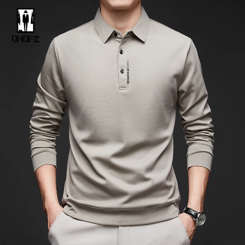 New Men's Business Casual Long Sleeved Shirt with Badge Solid Color Polo Shirt Fashionable Breathable Comfortable Versatile Top