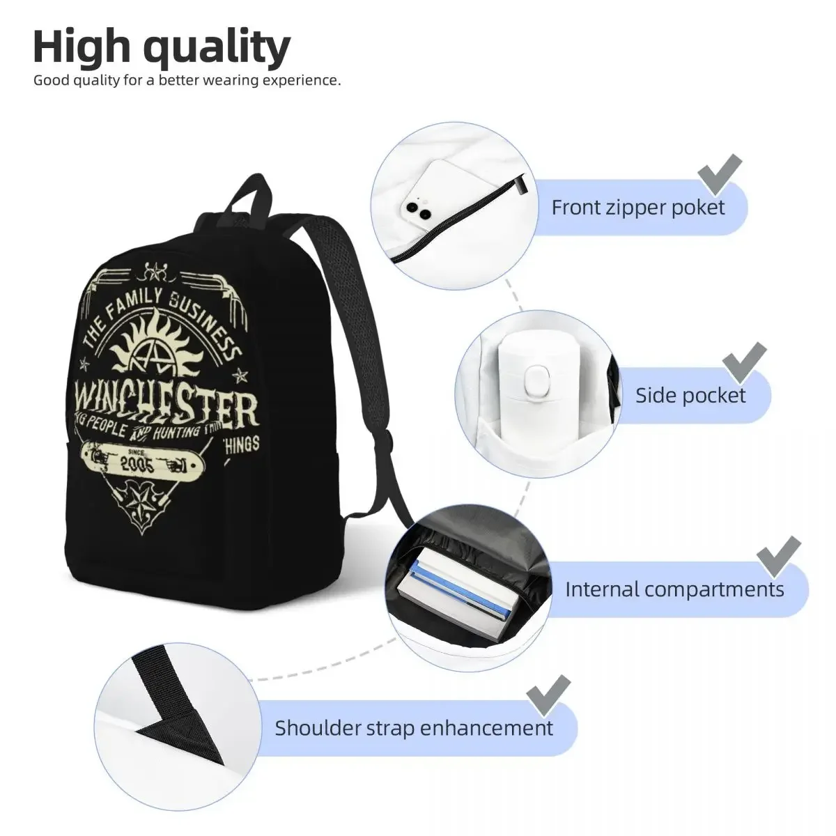 Hip Hop Supernatural Winchester Backpack for Men Women Casual High School Work Daypack College Shoulder Bag for Sports Hiking