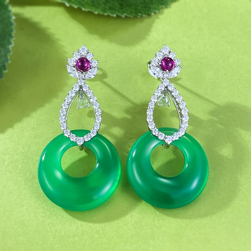 Longlong Gold Jewelry Live New 925 Silver Inlaid 20mm Green Jade Marrow Earrings Rich Lady Style Luxury Inlay