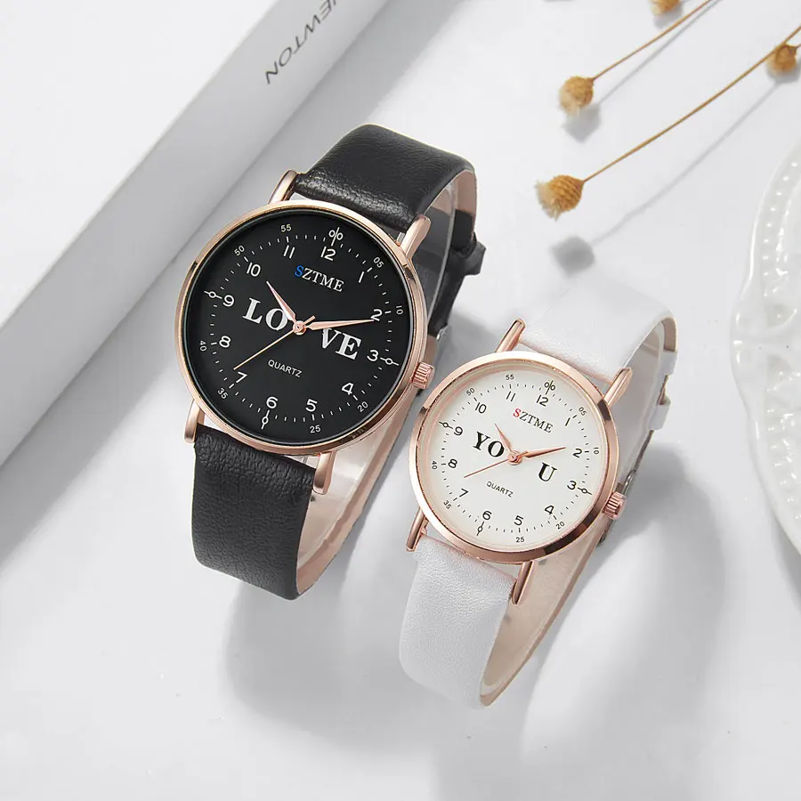 Fashionable and minimalist couple belt ultra-thin watch love combination literal male and female gift quartz watch