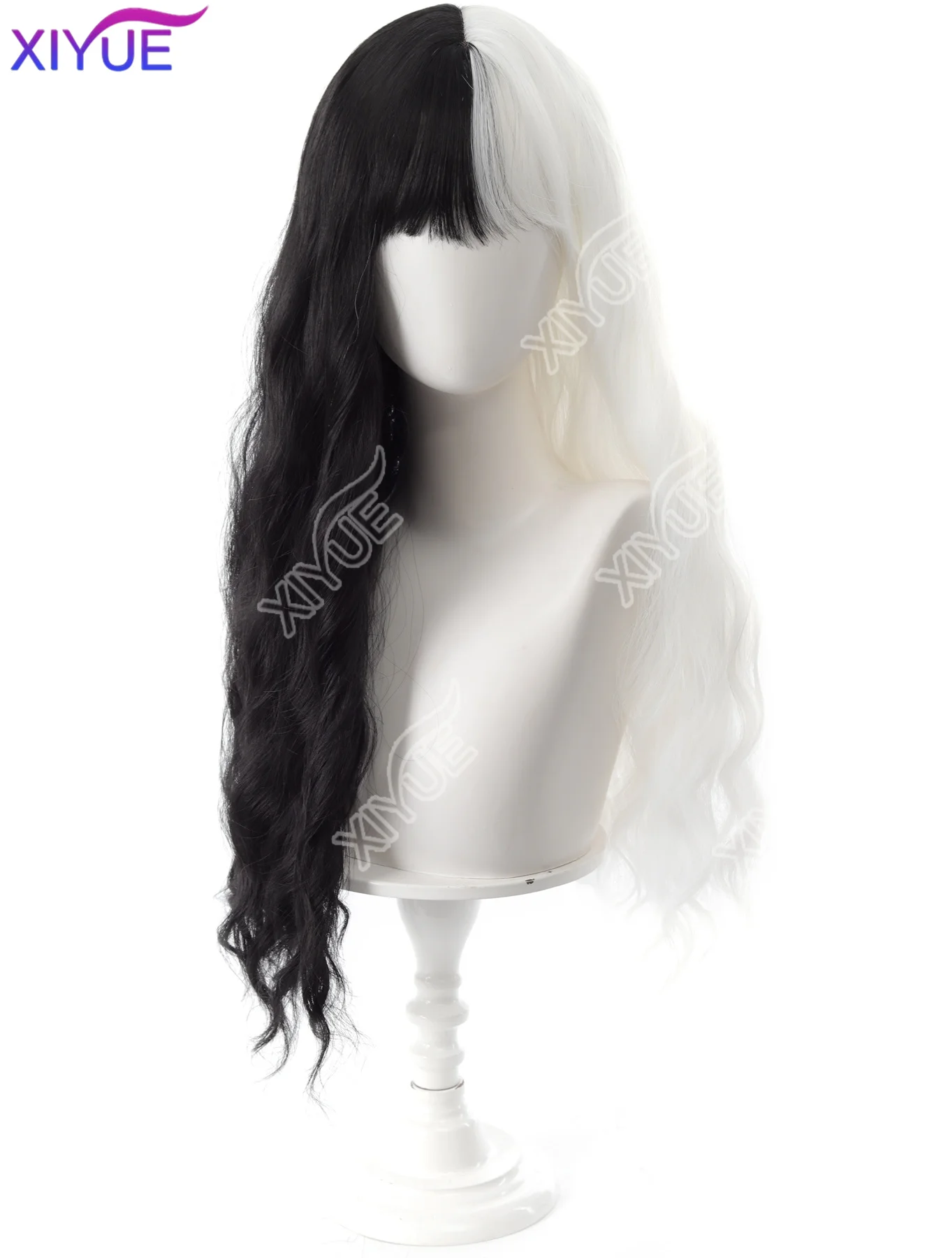 วิกผมคอสเพลย์มีหน้าม้า ผมสังเคราะห์ ยาว 24 นิ้ว ผมหยิก ทนความร้อน สีดำและสีขาว สำหรับผู้หญิง