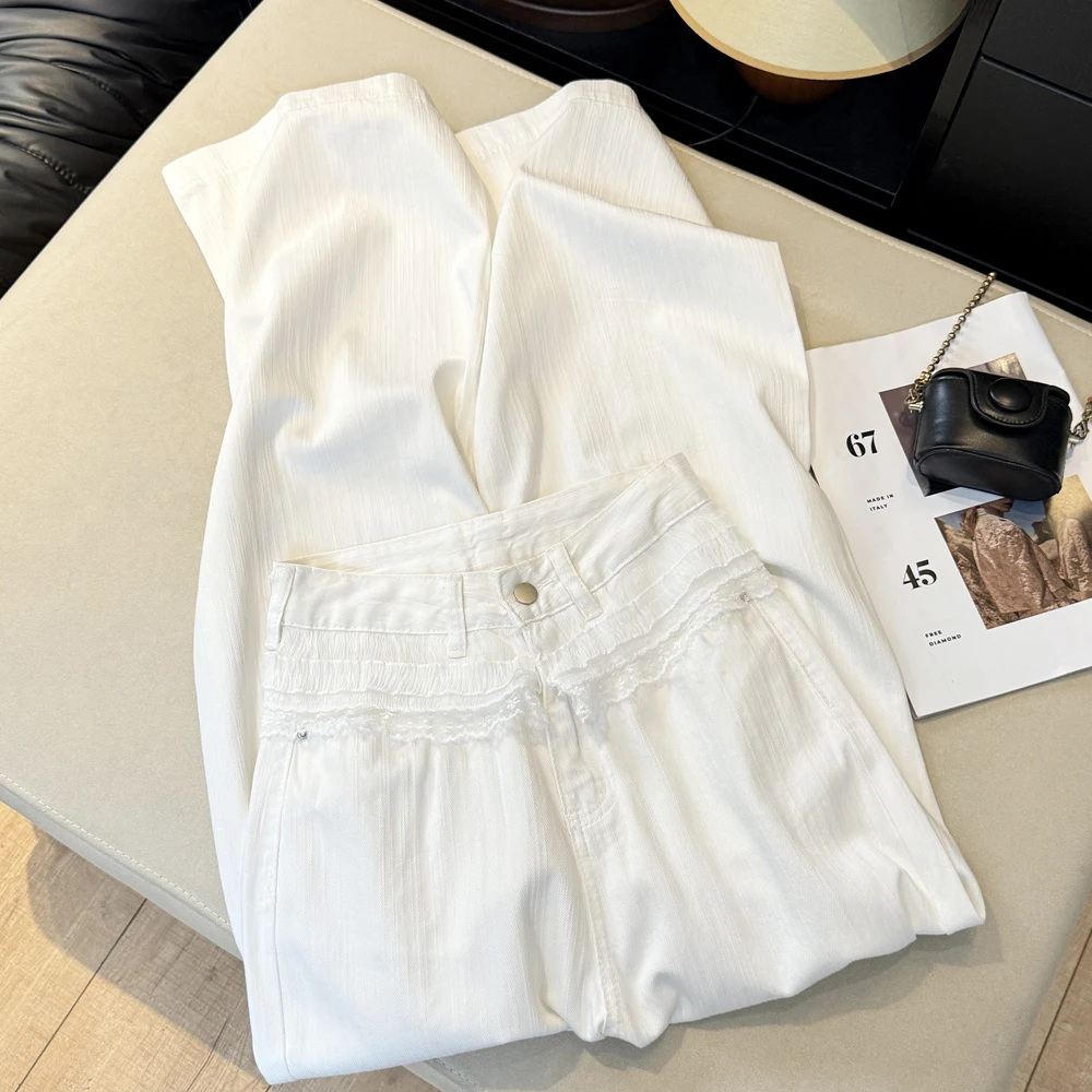 

High Waist Draped Lace Splicing Lyocell White Jeans Women Summer Casual Straight Leg No Stretch Comfortable Fit Jeans