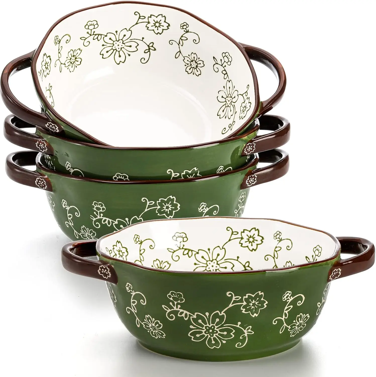 

4 Pack Ceramic Soup Bowls, 22 Ounces Porcelain Serving Bowl Set with Double Handle, Large Ceramic Crocks for French Oni
