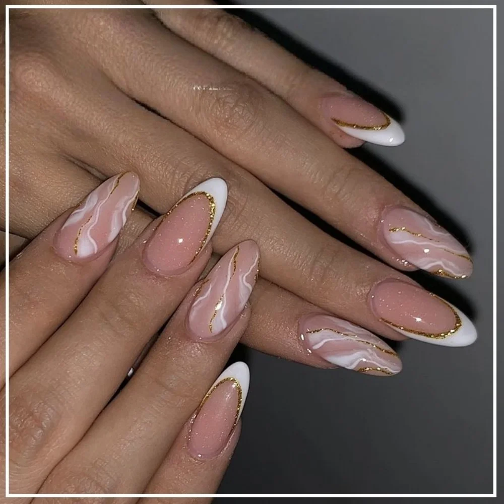 Faux Ongles Français Longs Dorés N64.souhaits-on, Design Nude Simple, Ensemble de Manucure Fini Amande, Détachable, 24 Pièces