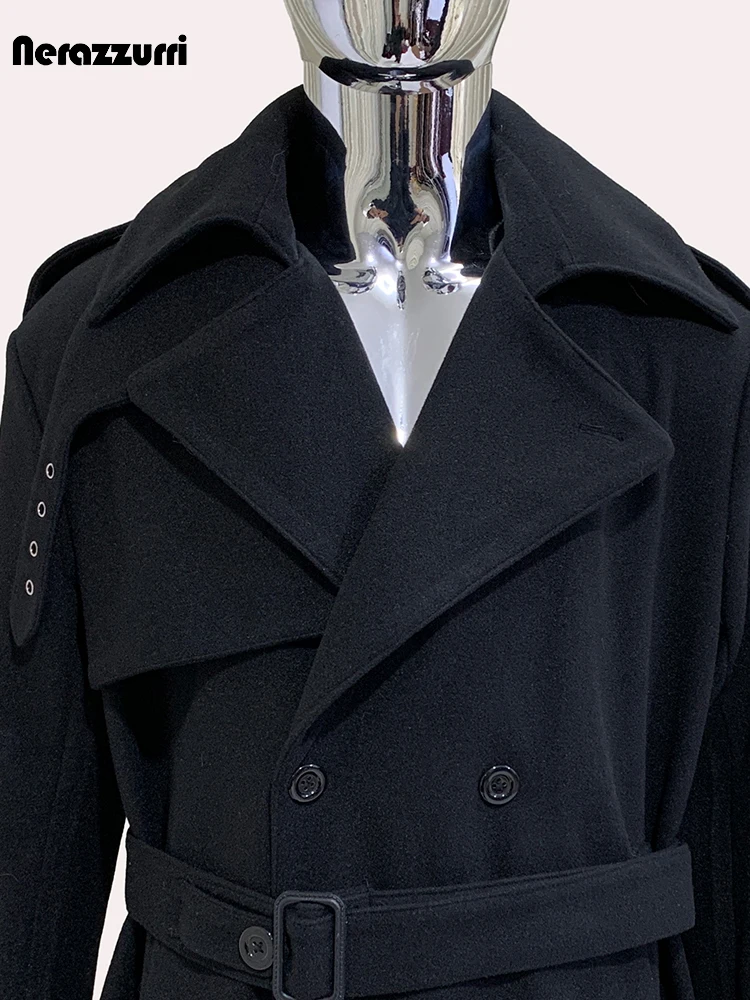 Nerazzurri Autumn Winter Long Oversized Black Warm Woolen Coat Men Belt Chic Luxury Designer Clothes Wool Blends Overcoat 2024