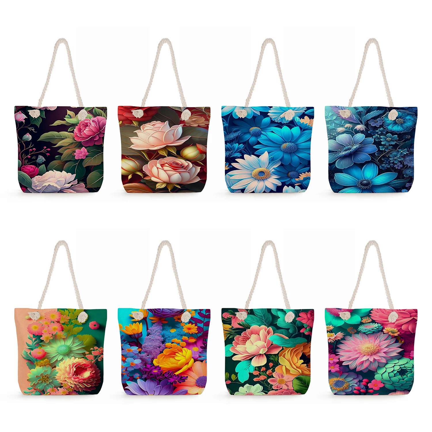 3D Floral Print Handbags Casual High Capacity Women Tote Portable Travel Thick Rope Beach Bags Female Eco Reusable Shopping Bags