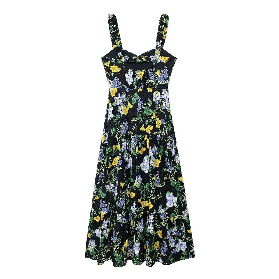 TRAF-Robe Longue Brodée à Fleurs pour Femme, Tenue Midi à Volants, Dos aux, Rétro, Plage, Été