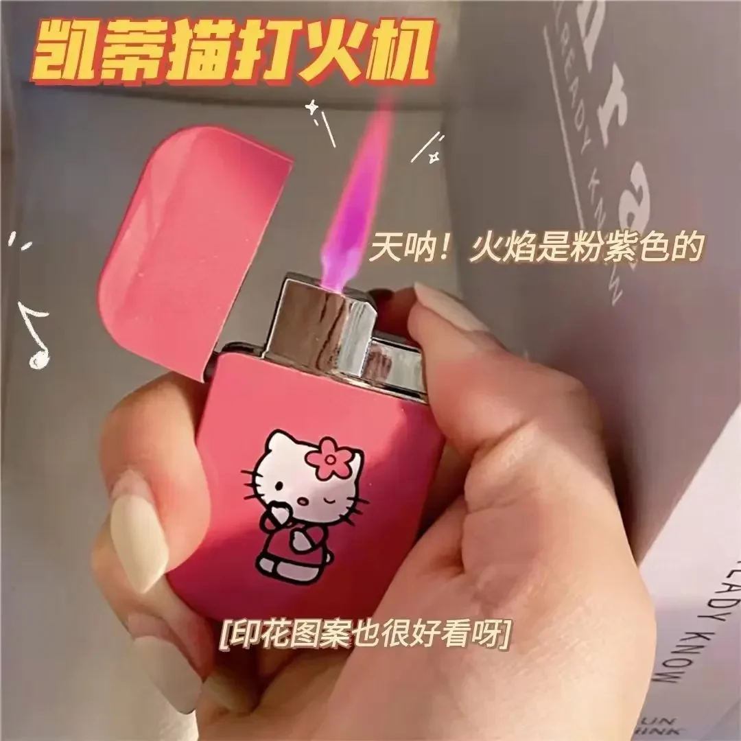 Wholesale HelloKitty cartoon lighter windproof high-end home cute KT cat KTV bar ultra-thin cigarette lighter pink flame gift