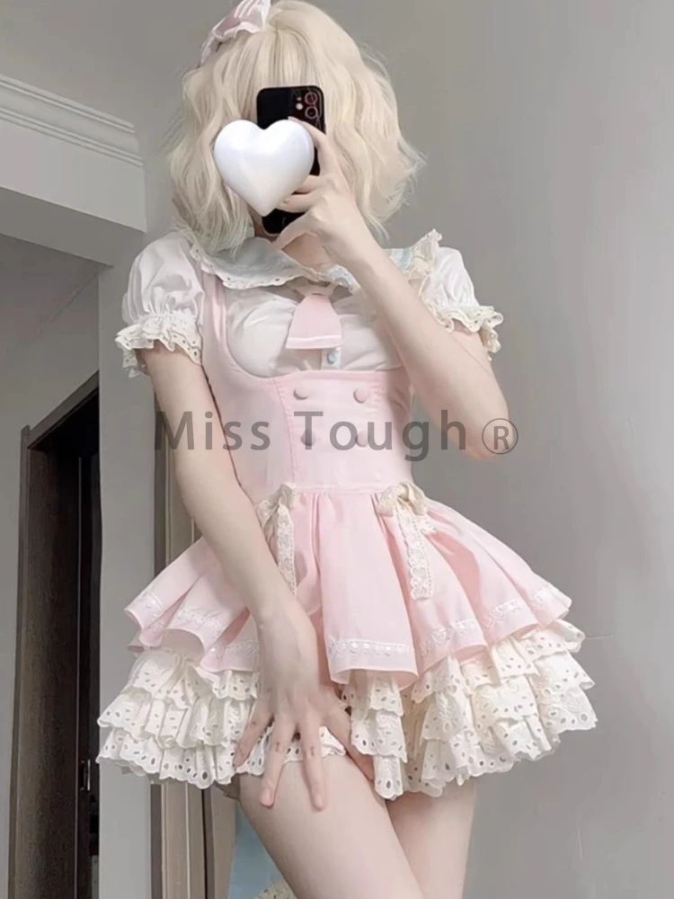 2024 Lolita Kawaii Bow 2 Piece Set Women Cute Slim Blouse + Sweet Lace Mini Skirt Fashion Sweet Y2k Short Sleeve Streetwear Suit