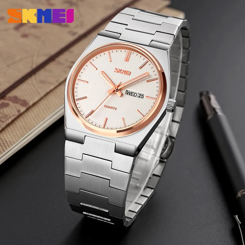 Skmei Skmei-Montre à Quartz en Acier Inoxydable pour Homme, Fine, Double Calendrier, Monochromatique, Business, Mode Décontractée