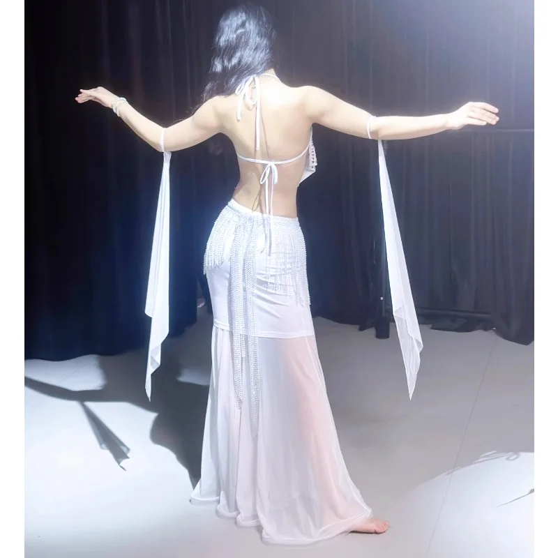 Customized Belly Dance Costumes White Performance Set Performance Outfit Sexy Temperament Fishtail Skirt Waist Chain