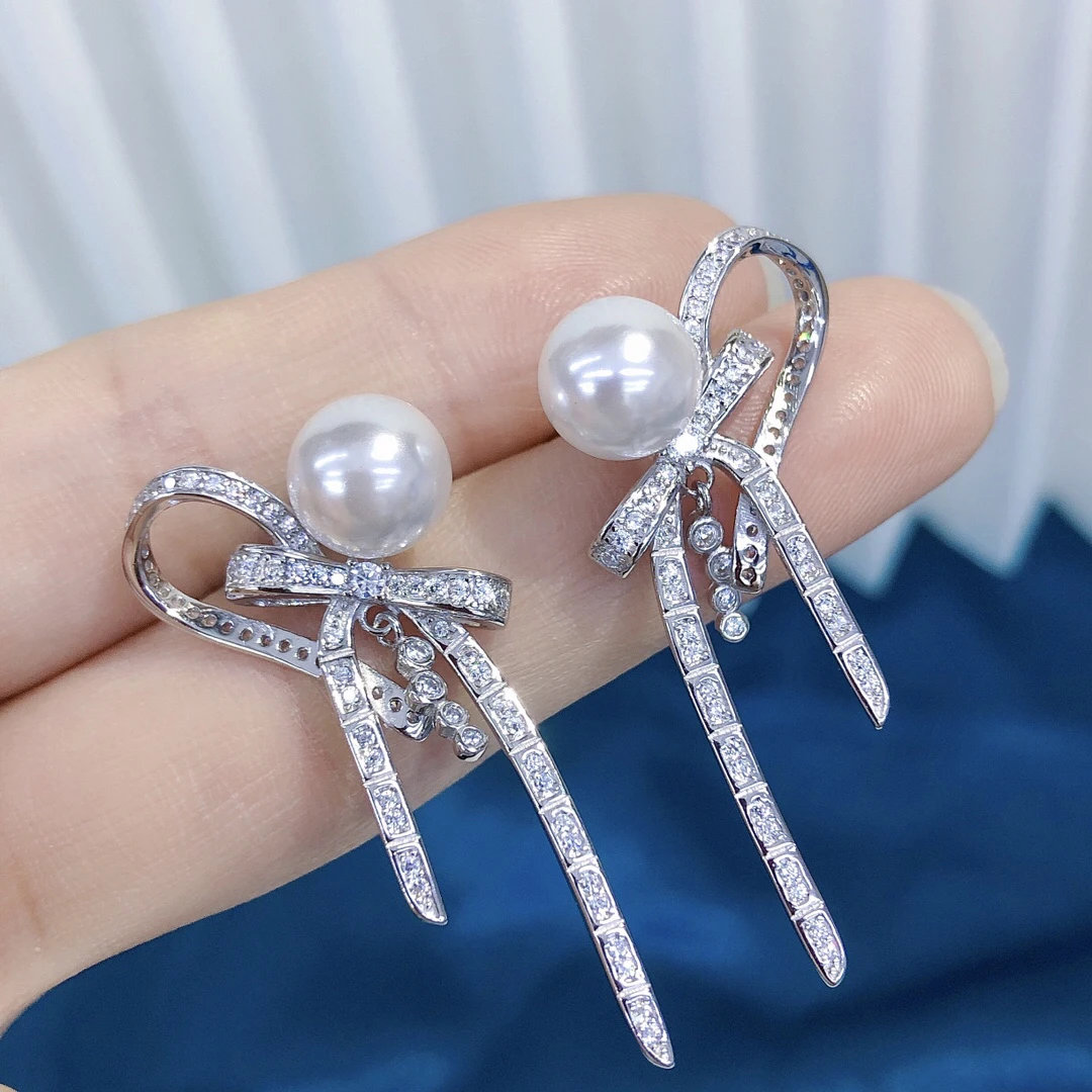 Bow 925 Sterling Silver Earrings Mount Findings Settings Base Mounting Parts for Pearls Agate Crystal Stones Coral Beads Stones