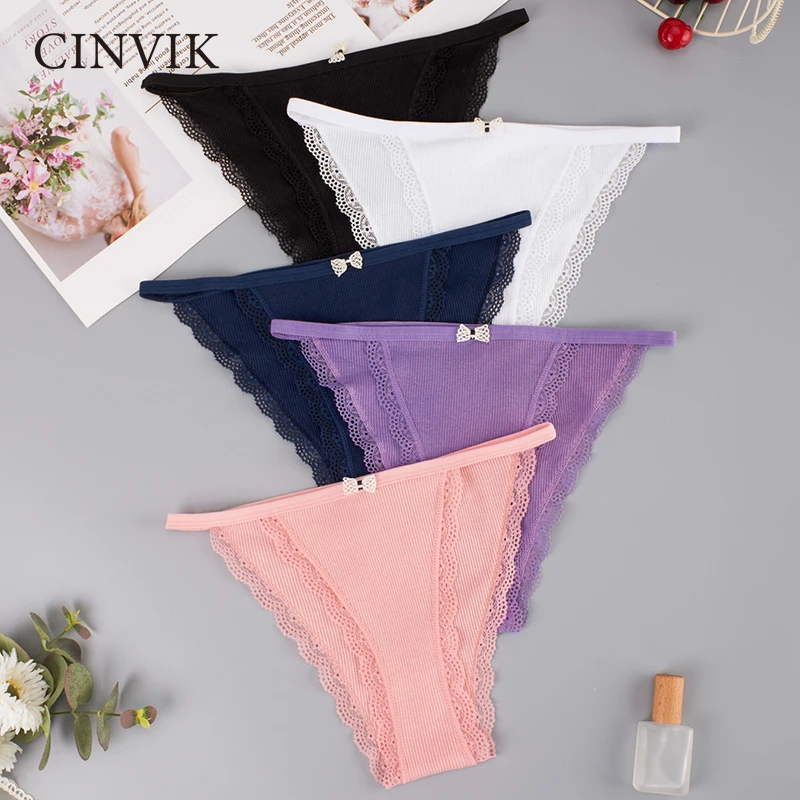 

CINVIK Cotton Thongs Sexy Bikini Panties Women Lace Lingerie G-string Low Waist Briefs Women Underwear Ladies T-Back Thong Tanga