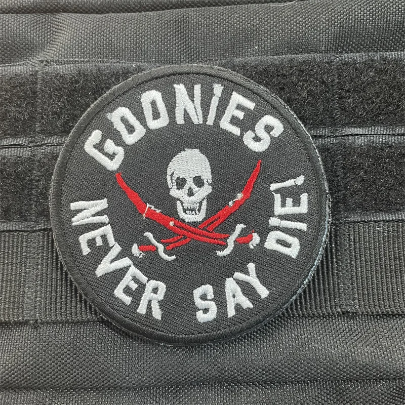 

Skull Tactical Embroidered Patches Hook&Loop Patch Goonies Never Say Die Skull Morale Badge Outdoor Backpack Stickers