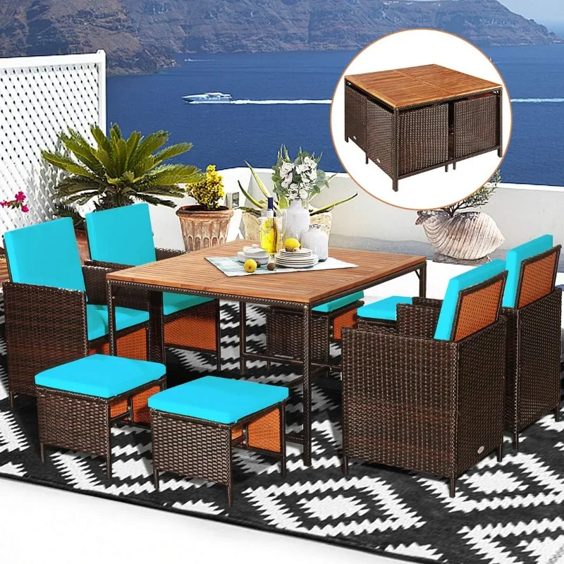 9PCS Patio Dining Set Outdoor Dining Furniture Set with Cushions, Space-Saving Dining Table with Acacia Wood Tabletop Rattan