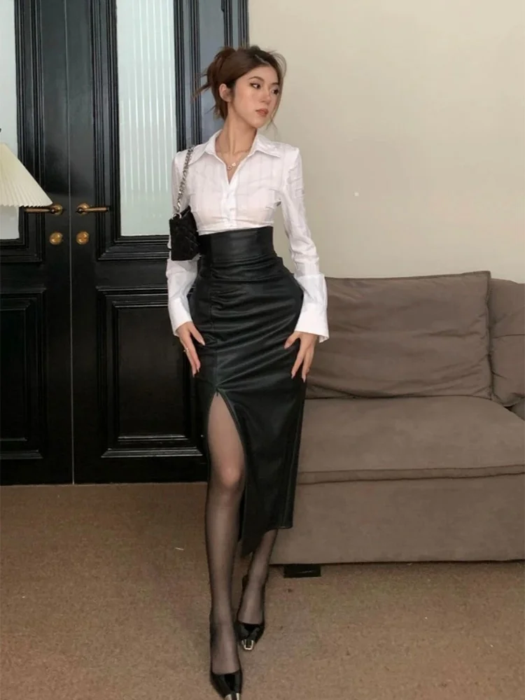

Syxatn N13 Spicy Lady Neck Long Sleeve Shirt Summer Sexy High Waist Slit Leather Skirt Set Women's Fashion Slim Fit Ense...