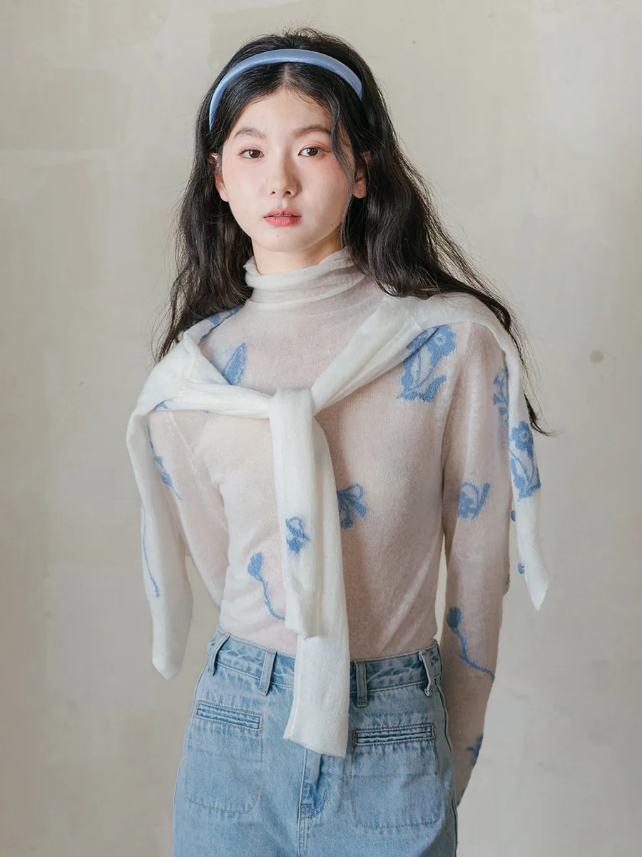 

Блуно-белый оригинальный трикотаж с высоким воротником и ручной росписью, белый, розовый, повседневный, свободный крой, длинный кардиган све