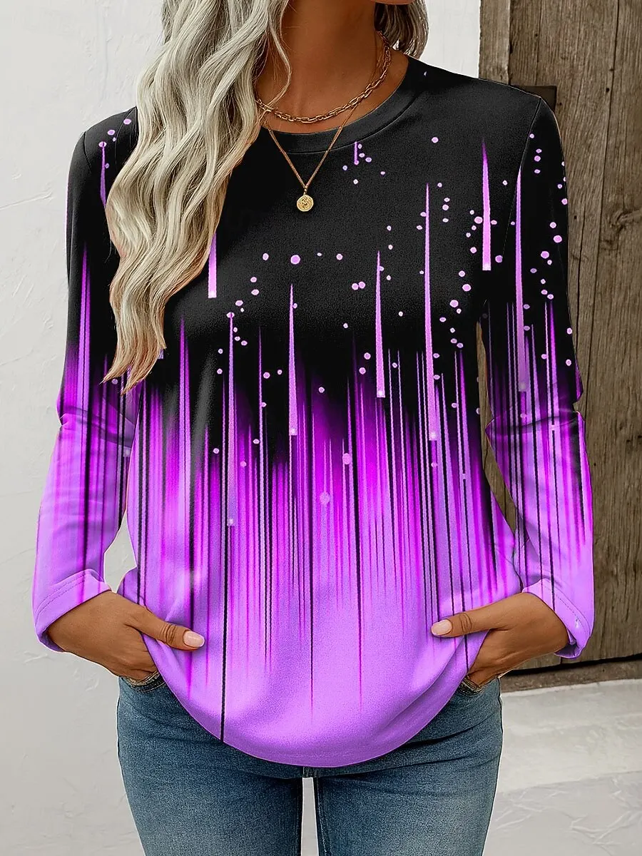 2025 Women's T-shirts Casual Long Sleeve Tops Ombre Graphic Geometric Tees Shirts Blouse O-neck Fall Winter Streetwear Pullover