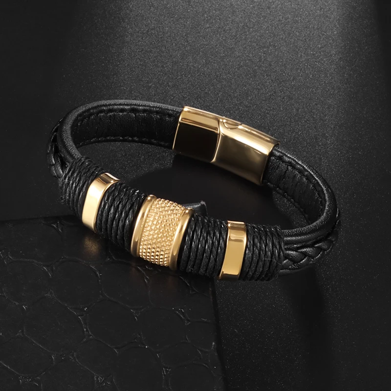 Classic Black Woven Leather Wrap Bracelet for Men Gold Color Metal Magnetic Clasp Birthday Gift