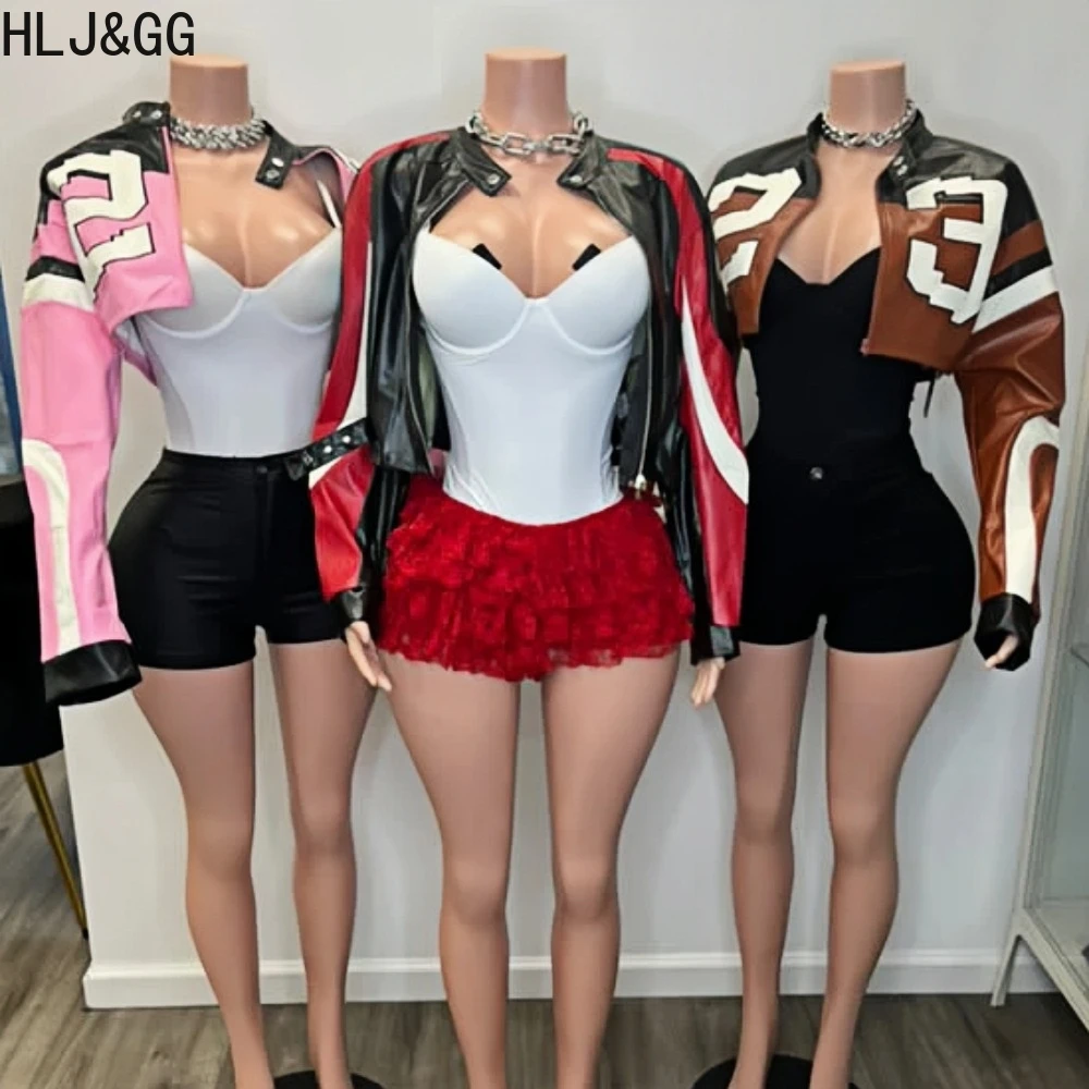 HLJ&GG Fashion Y2K Leather Jacket 3 Piece Sets Women Letter Print Zipper Long Sleeve Crop Top+Bodysuits+Shorts Outfit Streetwear