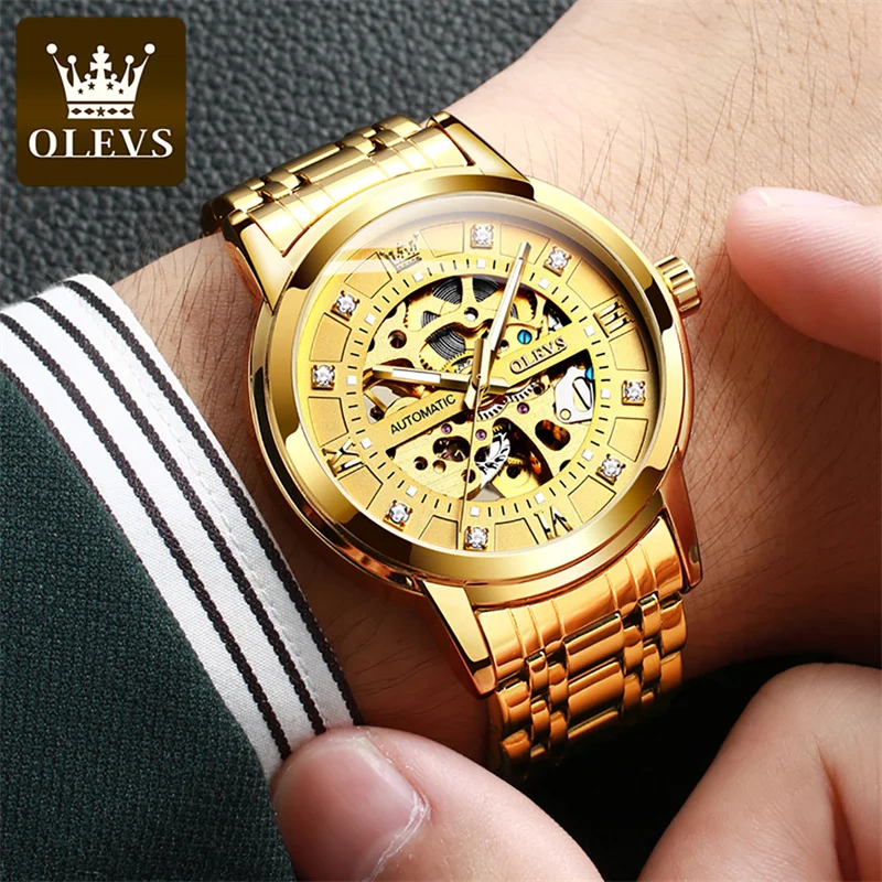 OLEVS-Reloj de pulsera de acero negro para Hombre, accesorio masculino resistente al agua, luminoso, informal, automático, mecánico, deportivo