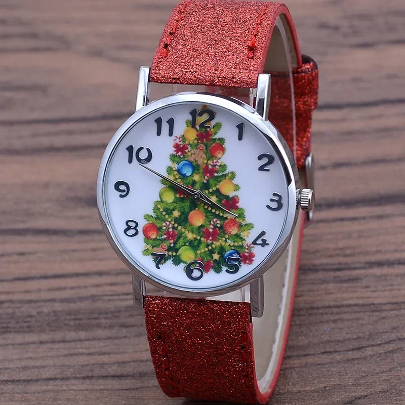 Relojes de pulsera de cuarzo informales con árbol de Navidad para Mujer, relojes con correa de cuero de Color brillante, Reloj bonito para Mujer, Reloj de regalo para Mujer