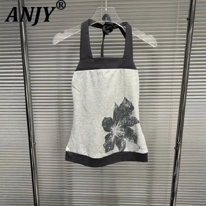 

ANJY Summer New Women Niche Design Contrast Color Floral Print Slim Fit Halter Neck Tank Top Chic Fashion Sleeveless Vest A23803