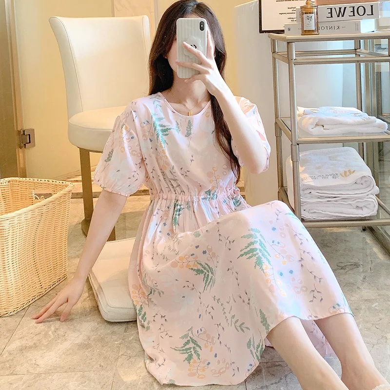 New Fashion Nightdress Ladies' Cotton Silk Nightgown Gown Outerwear Dress Sleepwear Women Elastic Belt