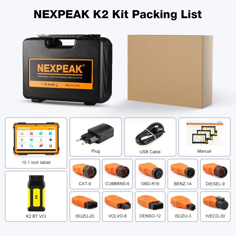 

Диагностический сканер NEXPEAK K2 для тяжелых грузовиков, инструмент OBD2 VCI для полной диагностики системы, диагностическое устройство для грузового трактора, DPF кластерная калибровка