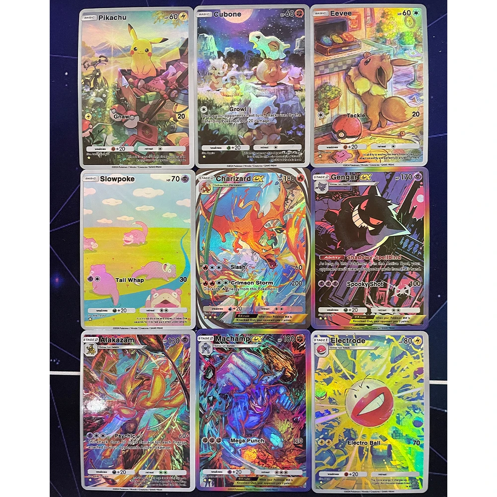 9 Pçs/set Anime PTCG Bolso Coleção Cartão Cubone Charizard Eevee Gengar Alajazam Machamp Textura Em Relevo Cartão Flash Presente Da Criança