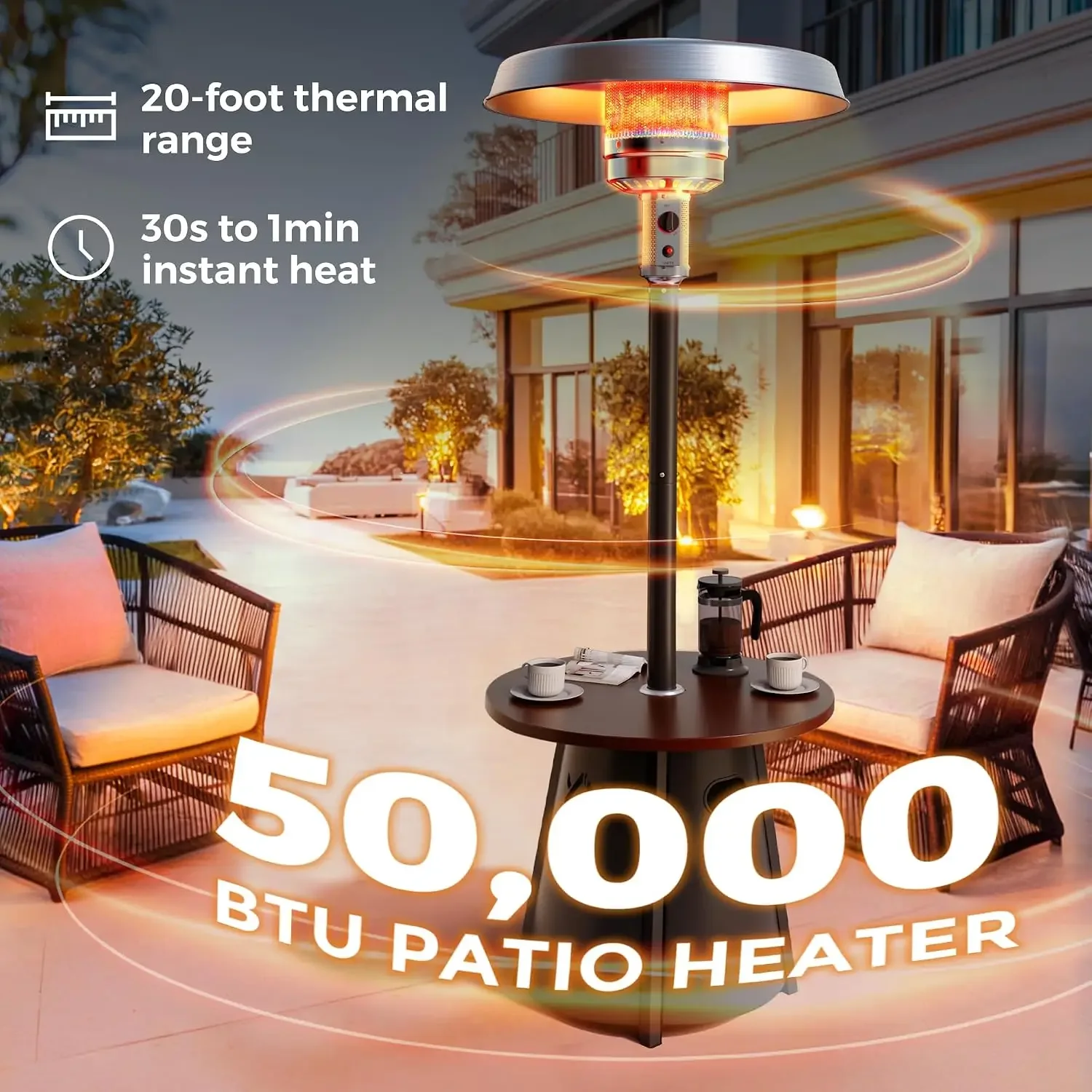 Patio heater, 50,000 BTU Propane Outdoor Heater with Round Table, Premium 304 Stainless Steel Burner, Triple Protection System，2