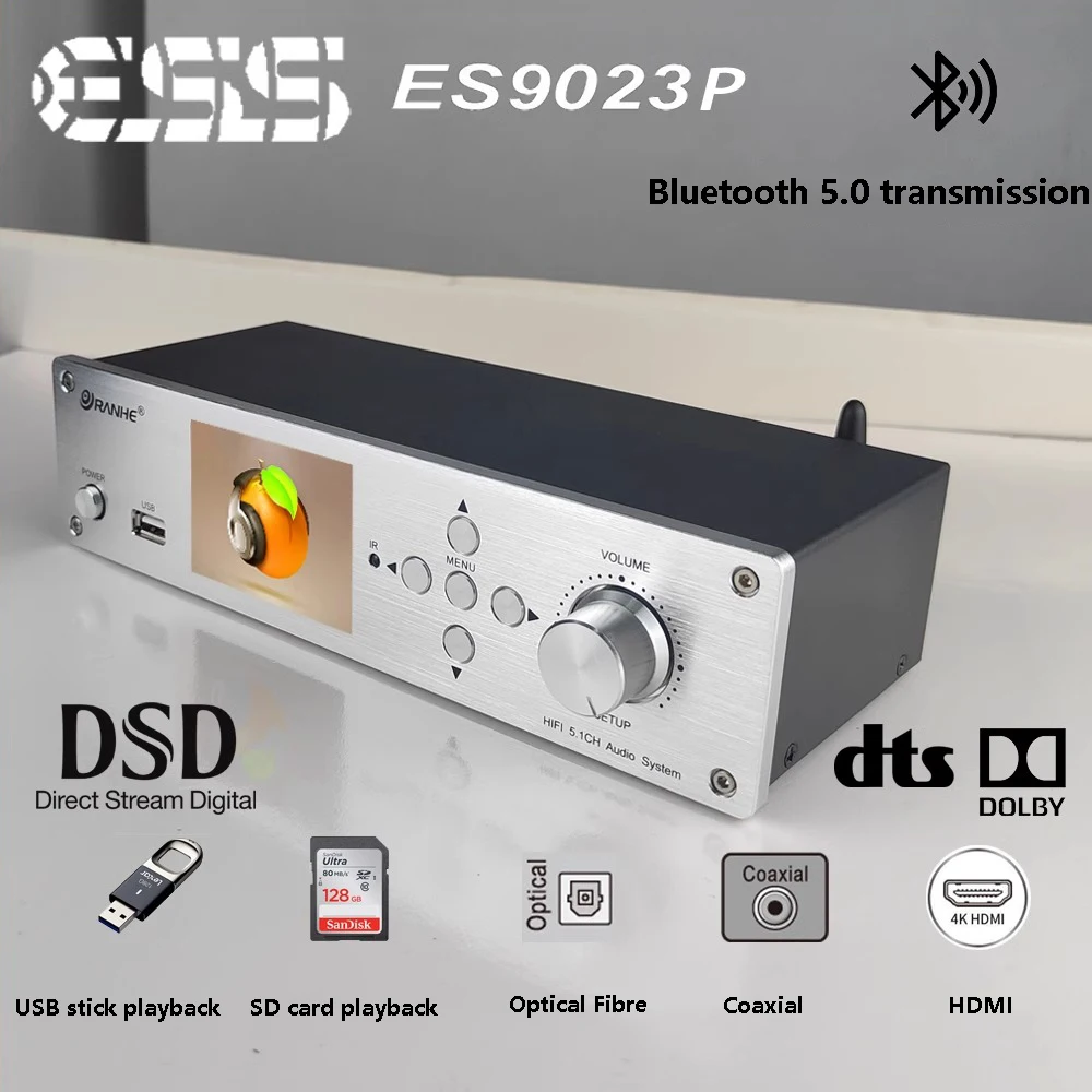 

5.1 Channel Lossless Audio Decoder ES9023P DAC DSD256 DTS Dolby AC3 HIFI Music Turntable Bluetooth 5.0 HDMI Input Decoding