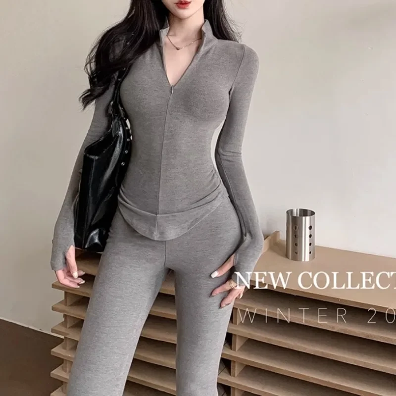 2025 Spring New Stand Collar Zipper Solid Color Casual Long-sleeved T-shirt Women + High Waist Sexy Sports Pants Two-piece Suit