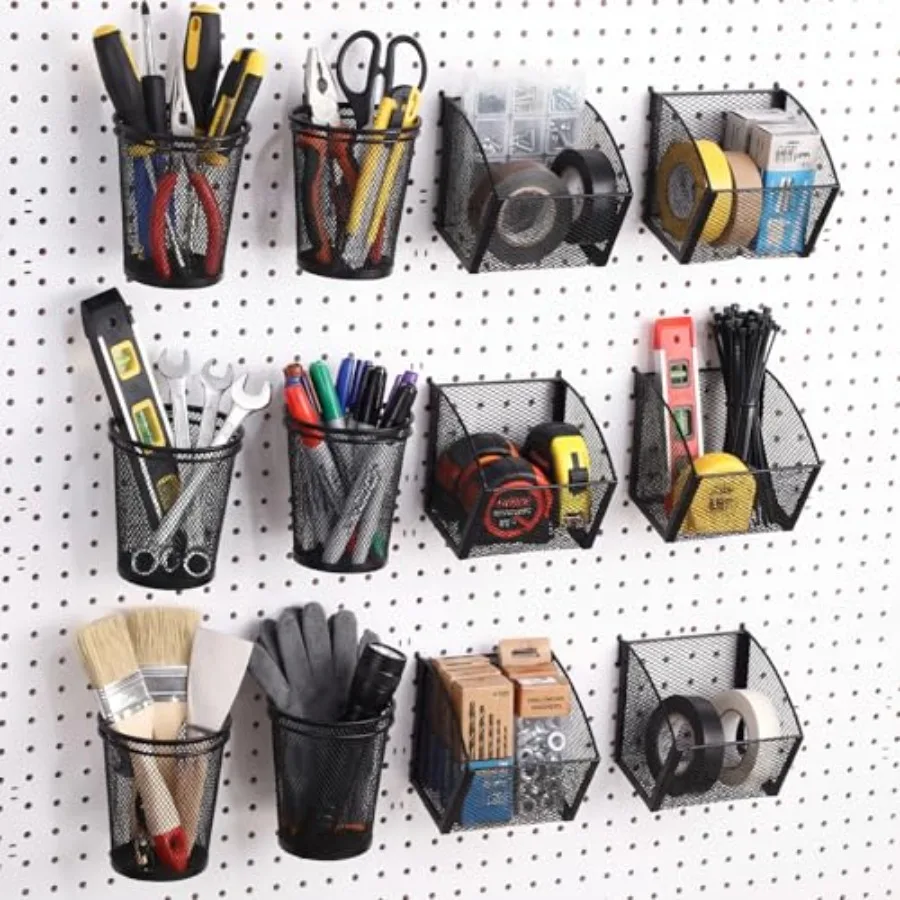 

6 Set Pegboard Accessories Wall Organizer Peg Board Baskets and Cups Black Metal Pegboard Baskets and Wire Mesh Cup with Ring H