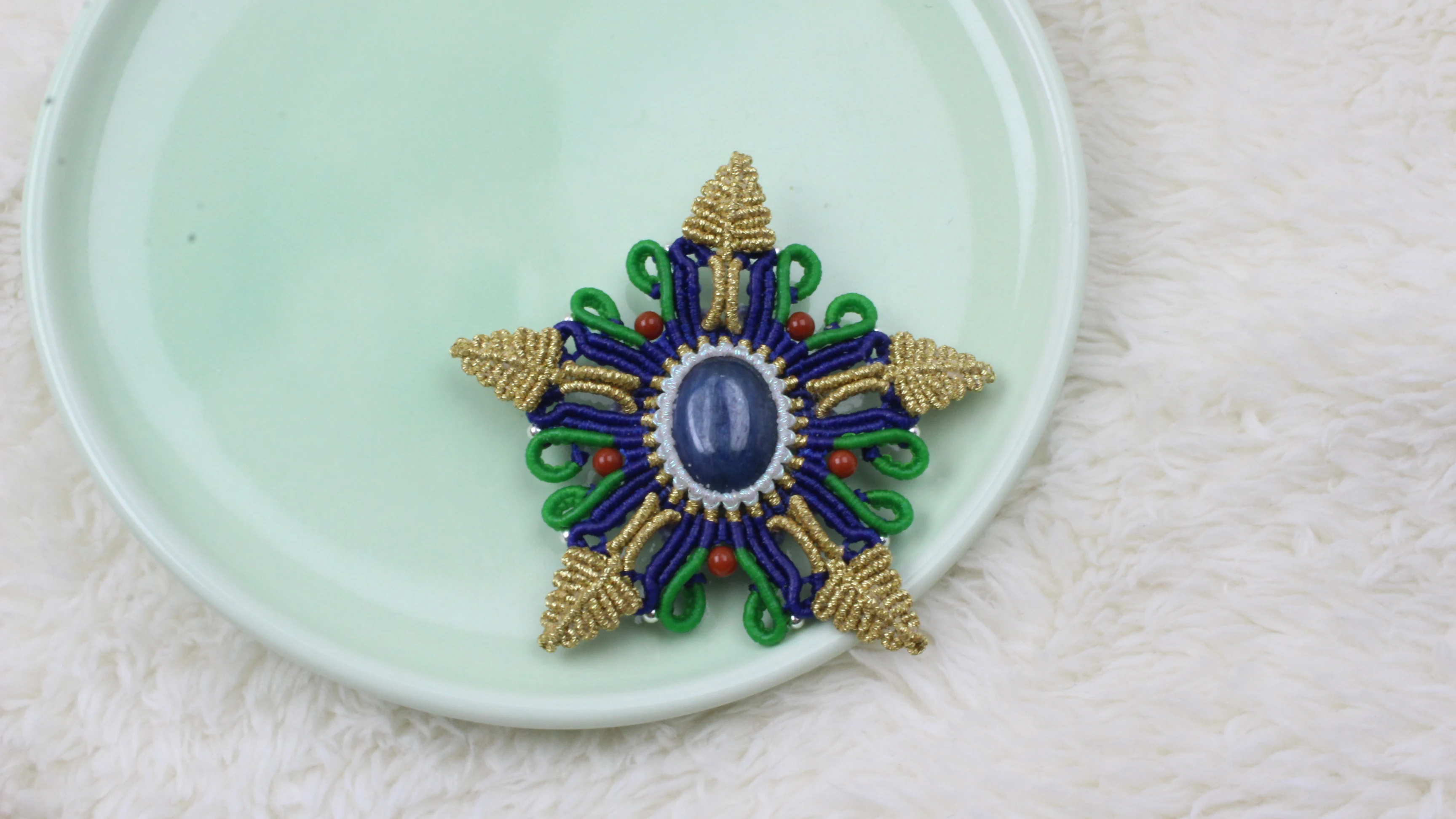 

Macrame Handmade Wax Polyster Cord Woven Oval Lapis Lazuli Natural Stone Leaf Brooch Exclusive Custom Design Gift for Women