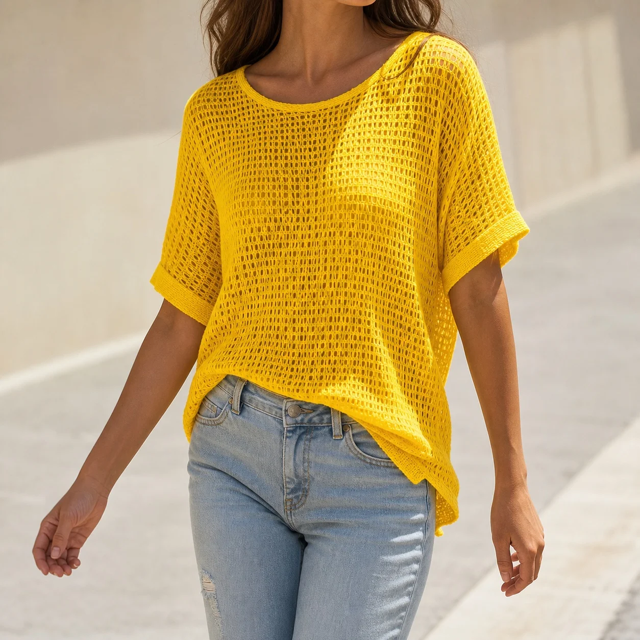 Women's Drop Shoulder Round Neck Loose Fit Crop Knit T Shirt Solid Color Half Sleeve Pullover Medium Weight Female Clothing
