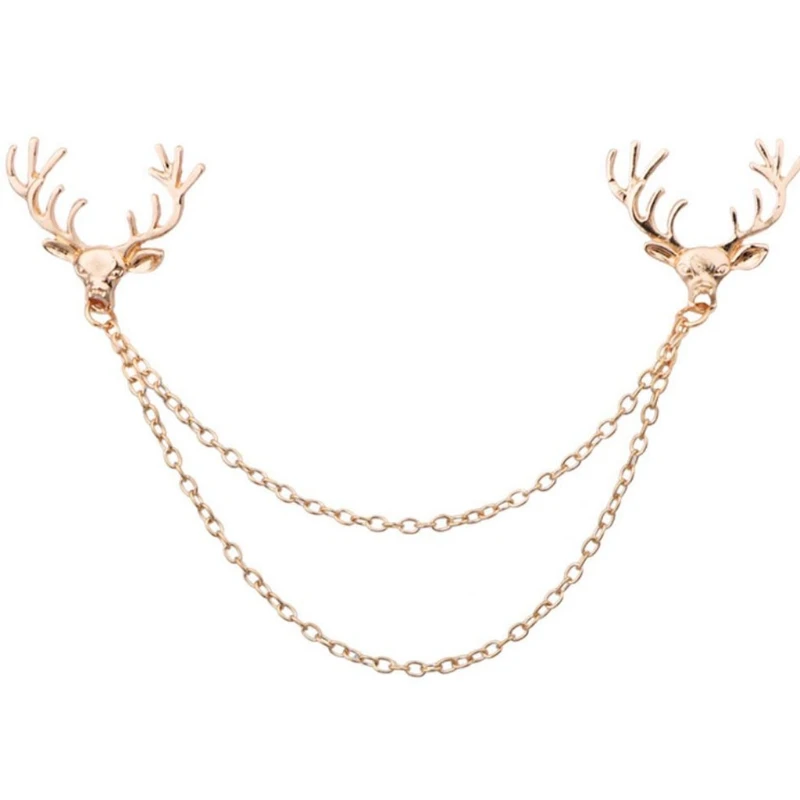 F42F Deer Brooch Pin for Men Women Suit Vintage Shirt Collar Chain Brooches Elk Antler Lapel Pin Decoration